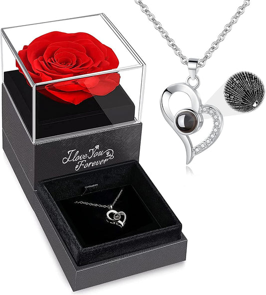 Preserved Real Rose with I Love You Necklace, perfect Gifts for Women, Mom, Grandma, Wife and Girlfriend, Birthday Anniversary Valentine'S Day Mother'S Day Gift Ideas for Her